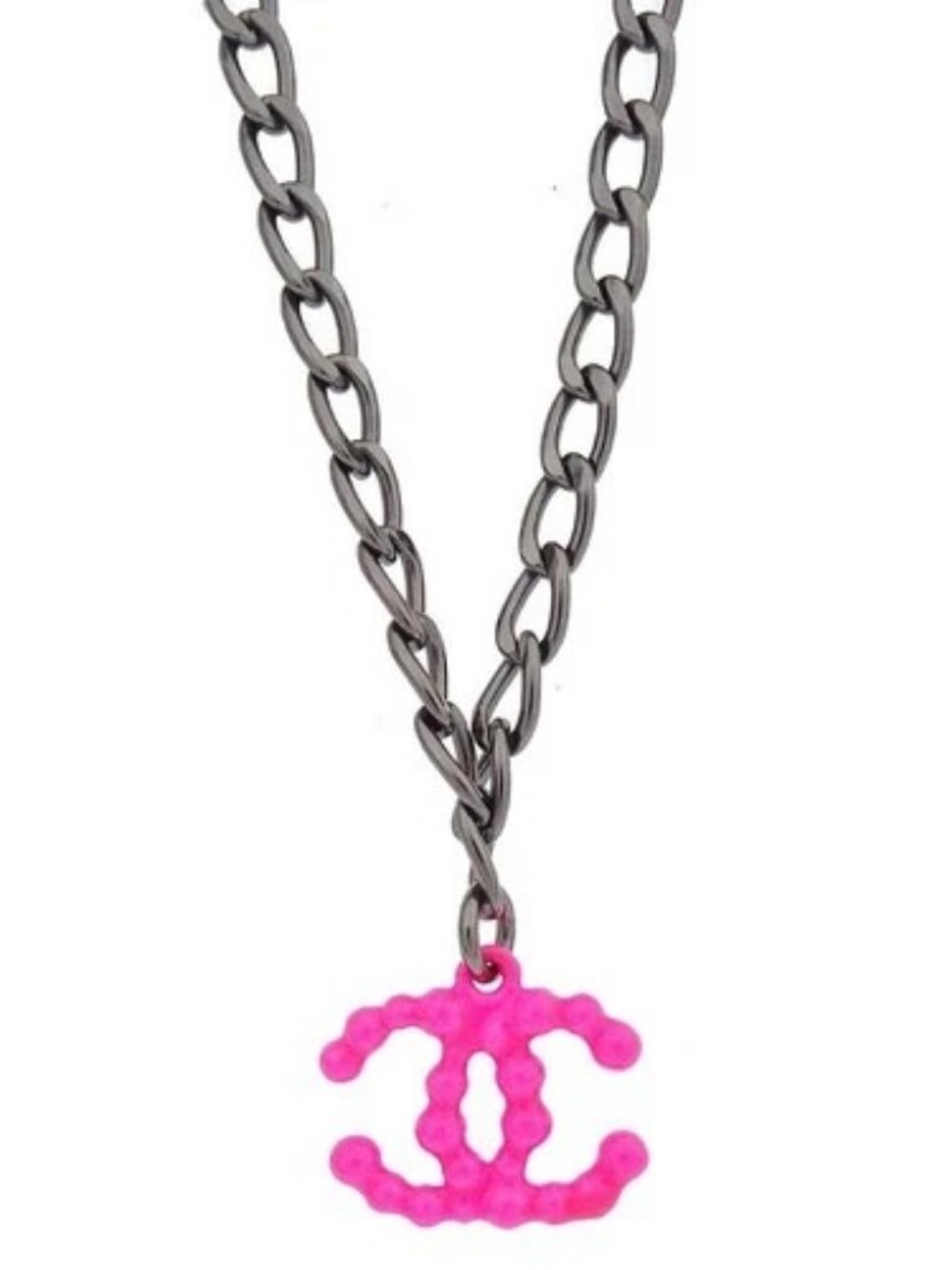 Chanel CC Chain Necklace Silver Pink 04A 187558